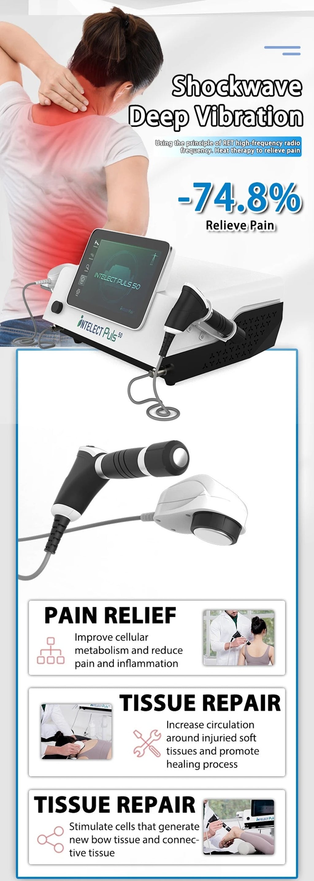 10bar Shockwave Physical Therapy Device 2in 1 Spine Pain Relief Muscle Relax Tissue Repair