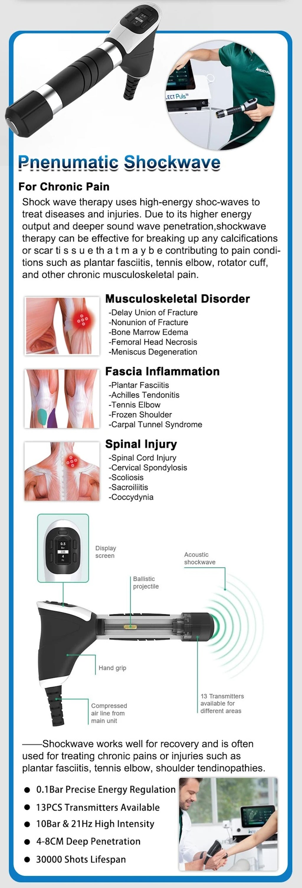 10bar Shockwave Physical Therapy Device 2in 1 Spine Pain Relief Muscle Relax Tissue Repair