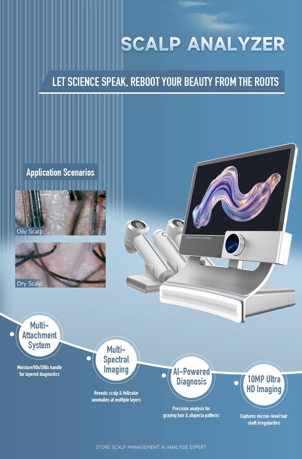 AI Smart Scalp Care Hair Analyzer 3 Detector 13 Type Analysis Indicators Beauty Salon Clinic Use